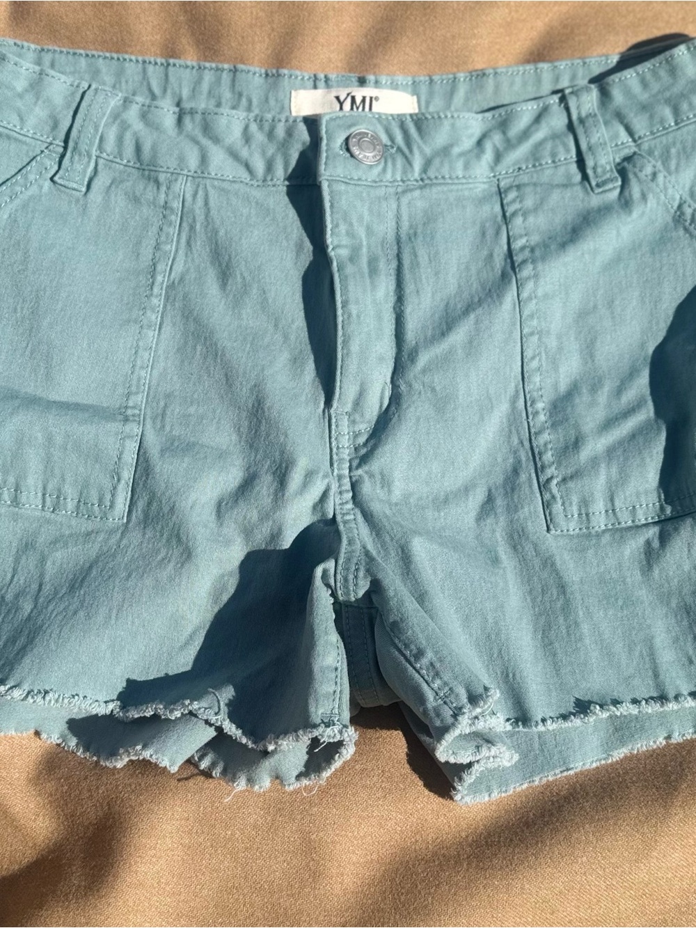 YMI Light Teal Frayed Hem Denim Shorts